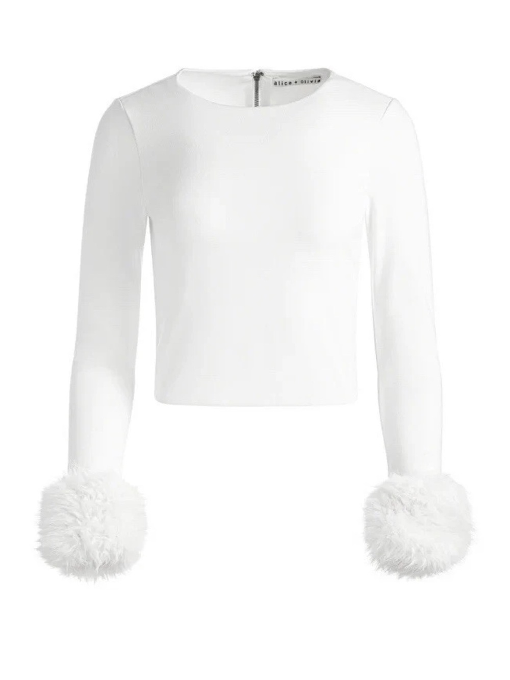 Alice + Olivia Delaina Faux Fur Cuff Off White Long Sleeve Mesh Layered Top NEW - Picture 3 of 12